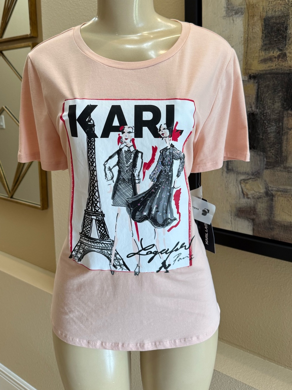 KARL LAGERFELD Paris Women's M Fashion Eiffel Tower Graphic T-Shirt Blush NEW